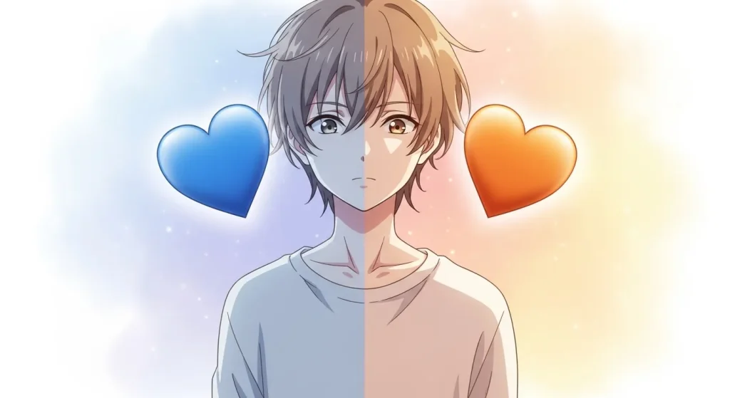 青とオレンジのハートで心理の違いを表現した人物イラスト