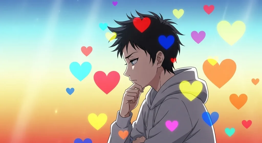 ハートの色の意味を考える男性とカラフルなハートのイラスト