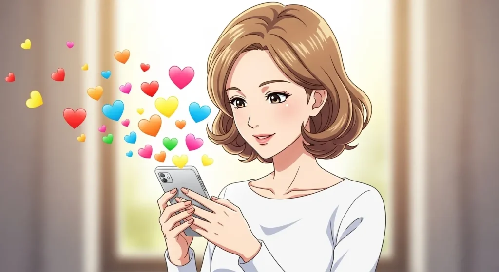 スマホでハートを使う女性とカラフルなハートの使い分けを表すイラスト