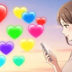 スマホを見る女性と色ごとに違う意味を持つカラフルなハートのイラスト