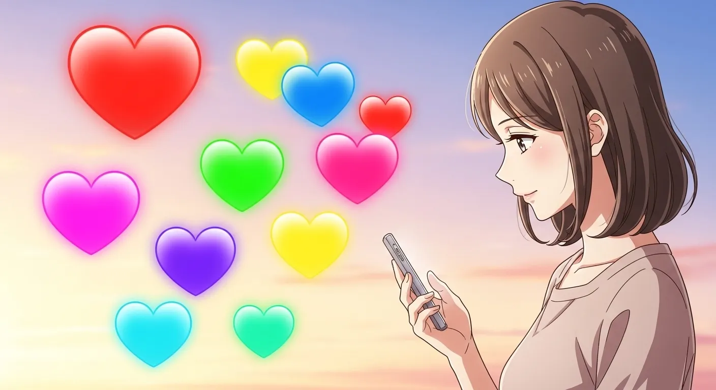 スマホを見る女性と色ごとに違う意味を持つカラフルなハートのイラスト