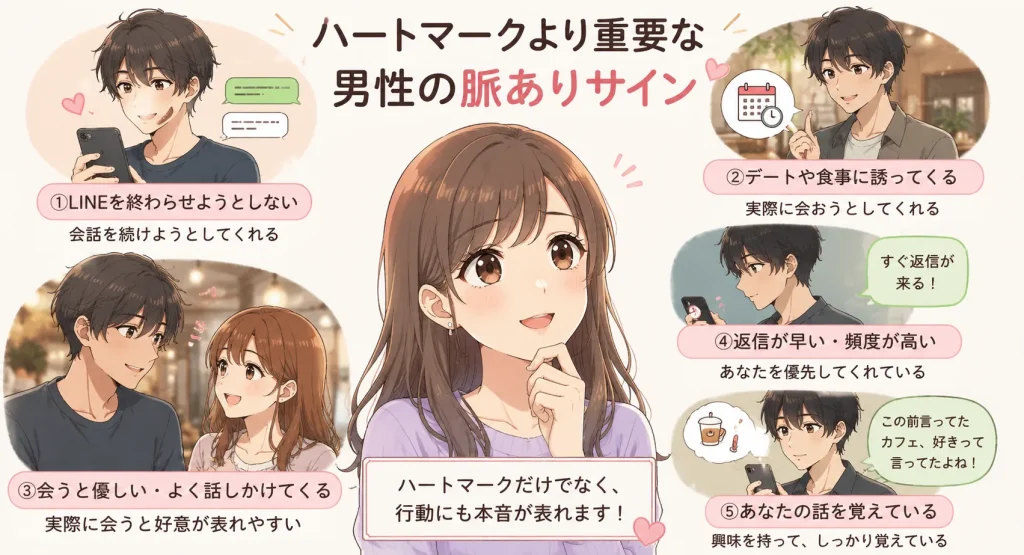 ハートマークより男性の行動から脈ありサインを見極める女性のアニメイラスト
