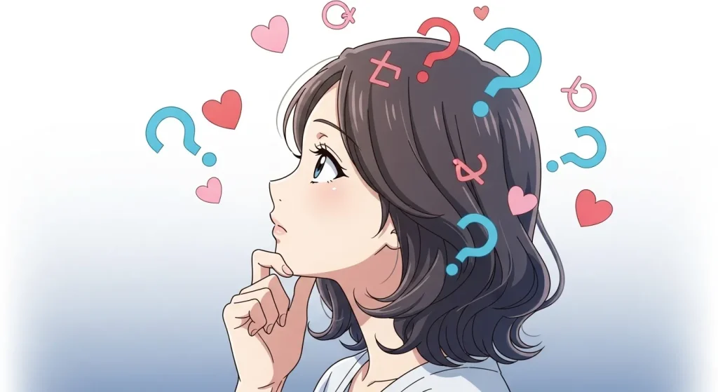 ハート絵文字の意味に悩む女性と疑問符やハートが浮かぶ心理イメージのイラスト