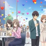 ハート絵文字の意味を表す男女のスマホとカラフルなハートのアニメイラスト