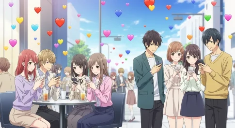 ハート絵文字の意味を表す男女のスマホとカラフルなハートのアニメイラスト