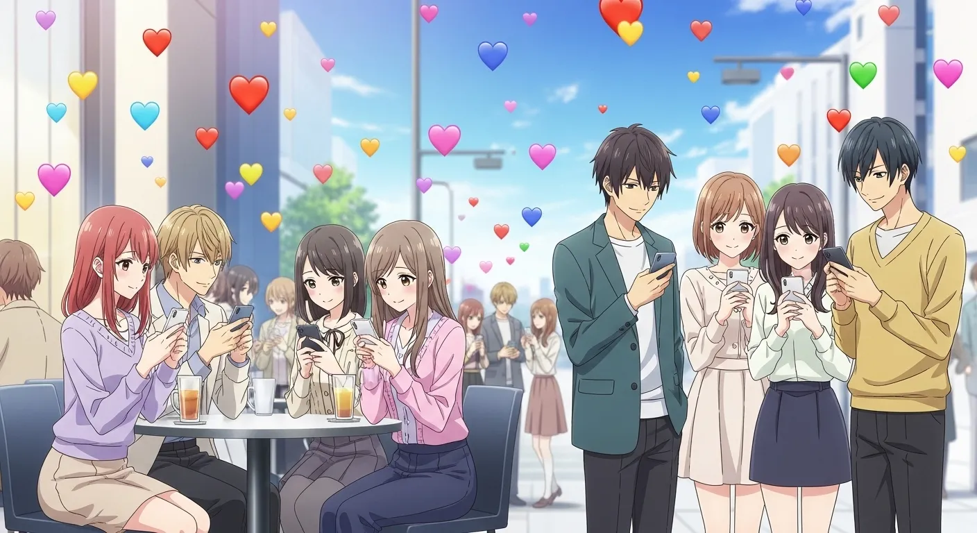 ハート絵文字の意味を表す男女のスマホとカラフルなハートのアニメイラスト
