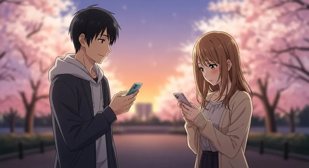 付き合う前に返信が遅い理由をイメージした距離感のある男女がスマホを見るイラスト