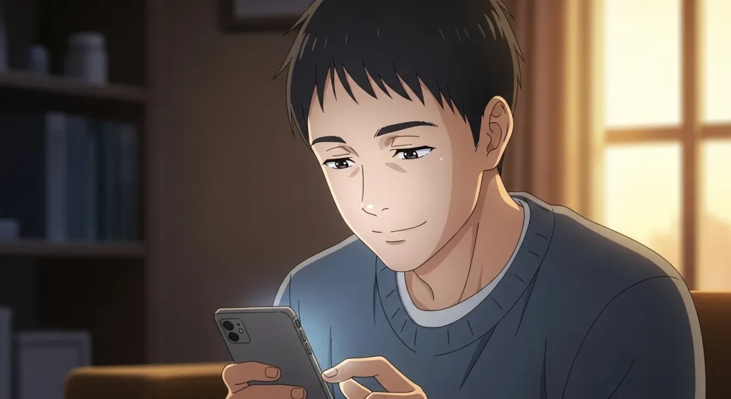 付き合う前に返信が遅いが脈ありな男性の心理を表現したスマホを見る男性のイラスト