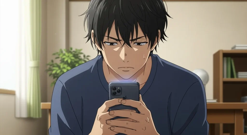 付き合う前に返信が遅い男性の心理をイメージしたスマホを見て悩む男性のイラスト