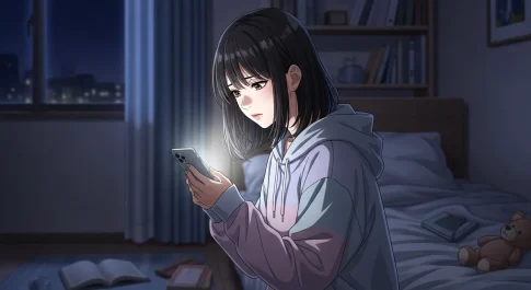 付き合う前に返信が遅い男性に不安を感じる女性の心理を表現したスマホを見る女性のイラスト