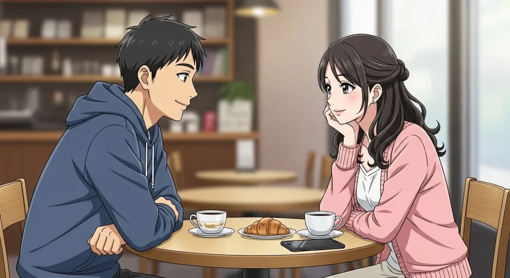 付き合う前に返信が遅い男性と女性が付き合った後の関係をイメージしたカフェで会話する男女のイラスト