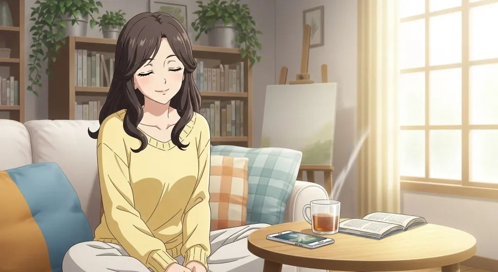 付き合う前に返信が遅い男性への正しい距離の取り方をイメージしたリラックスして過ごす女性のイラスト