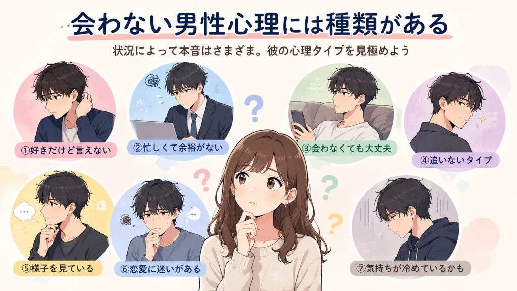 会わない男性心理の種類を考える女性と7タイプの男性を描いたアニメイラスト