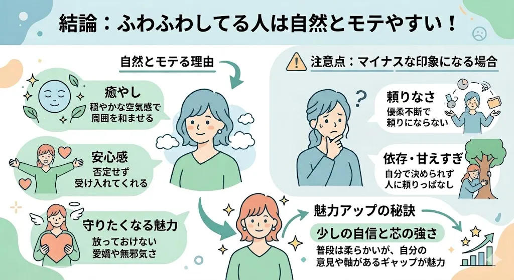 ふわふわしてる人がモテる理由や特徴と注意点をまとめた図解イラスト