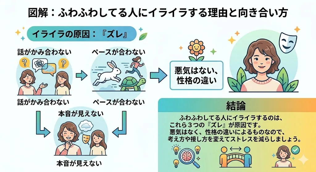 ふわふわしてる人にイライラする理由と対処法を解説した図解(話がかみ合わない・ペースが合わない・本音が見えない)