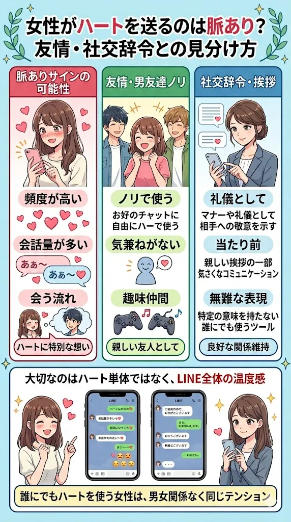 女性がハートを送るのは脈ありなのか、友情・社交辞令との違いを図解で解説したイラスト