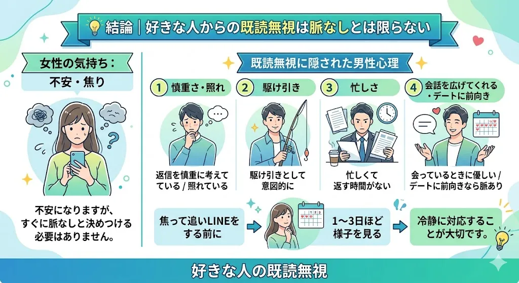 好きな人に既読無視されたときの男性心理と脈あり・脈なしの見分け方を解説した図解イラスト