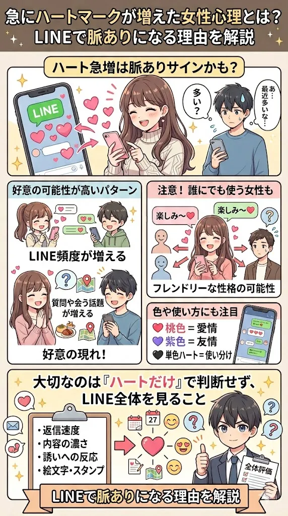 急にハートマークが増えた女性心理とLINEの脈ありサインを解説する図解イラスト