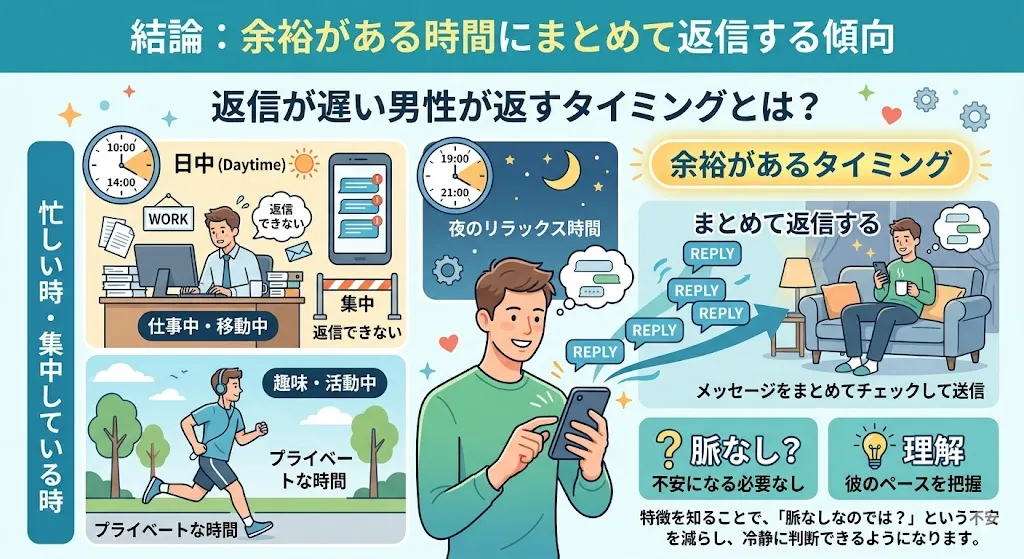 返信が遅い男性が仕事後や夜のリラックス時間など余裕があるタイミングでまとめて返信する傾向を解説した図解