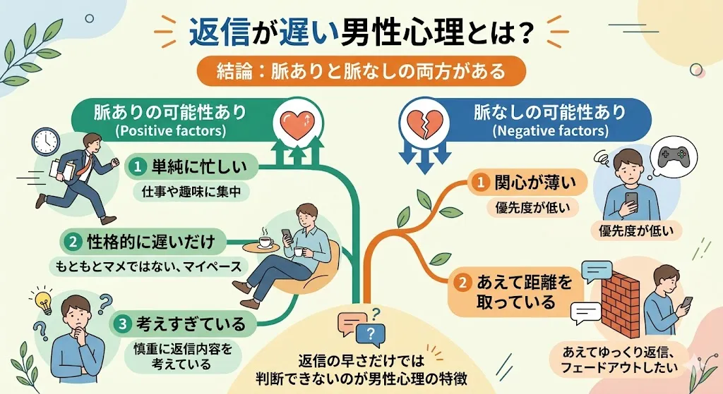 返信が遅い男性心理の図解｜脈ありと脈なしの違いと見分け方をまとめたイラスト