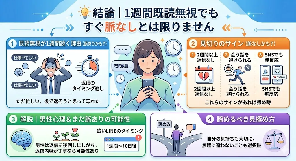 既読無視が1週間続く男性心理と脈あり・脈なしの見極め方を解説した図解