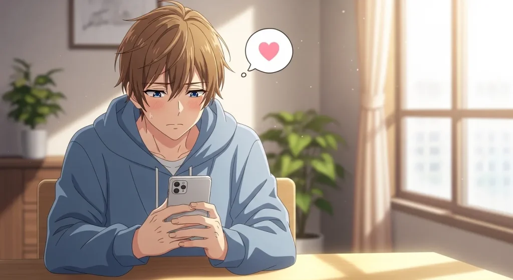 女性からのハートマークにどう返信するか悩む男性のアニメイラスト