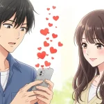 女性から急にハートマークが増えて戸惑う男性と笑顔の女性のLINEイメージ