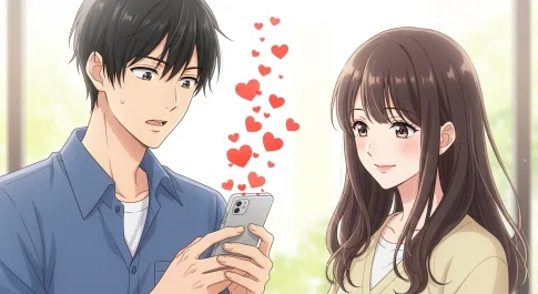 女性から急にハートマークが増えて戸惑う男性と笑顔の女性のLINEイメージ