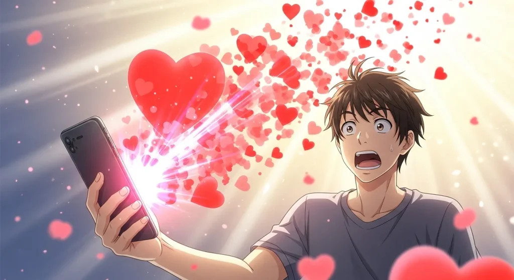 スマートフォンから大量のハートマークが飛び出して驚く男性のアニメイラスト
