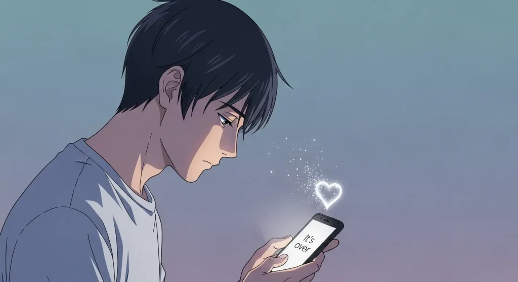 スマートフォンの画面を見ながら、女性のハートマークが減って落ち込む男性のアニメイラスト