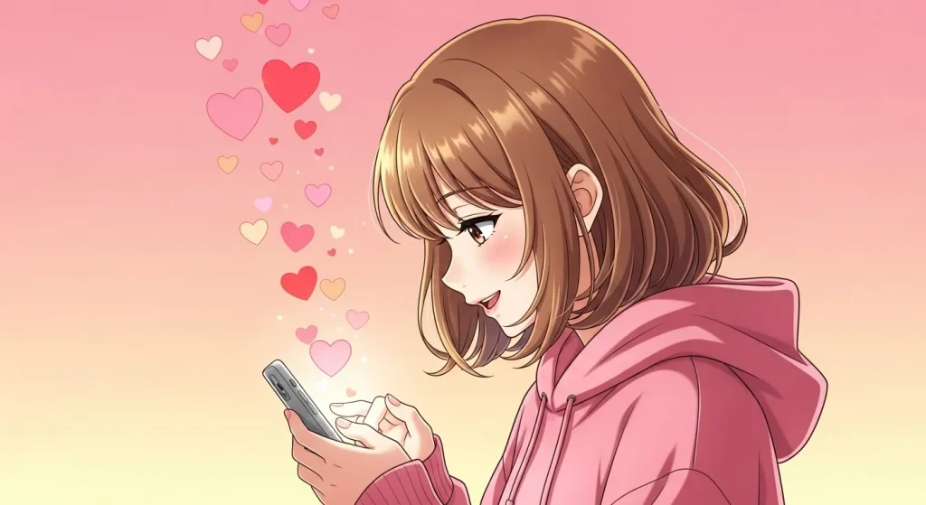 女性がスマートフォンでハートマーク付きメッセージを送る様子のアニメイラスト