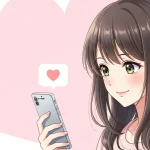 スマートフォンを見ながらハートマークのメッセージを送る女性のアニメイラスト