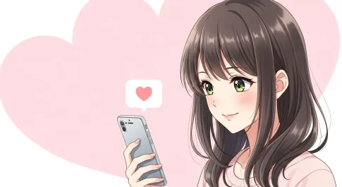スマートフォンを見ながらハートマークのメッセージを送る女性のアニメイラスト