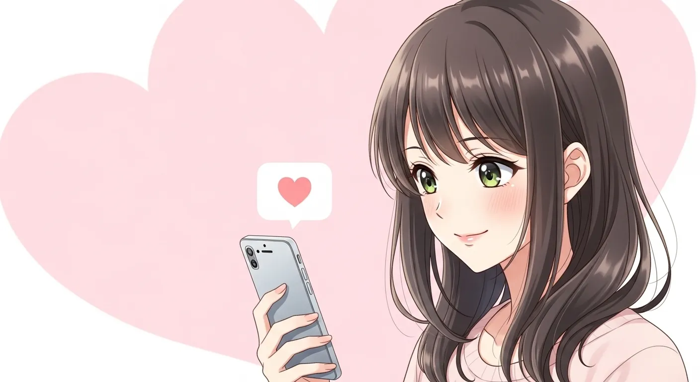 スマートフォンを見ながらハートマークのメッセージを送る女性のアニメイラスト