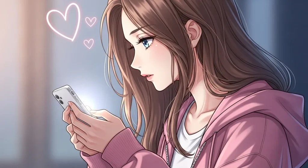 スマートフォンのハートマークを見て考える女性のアニメイラスト