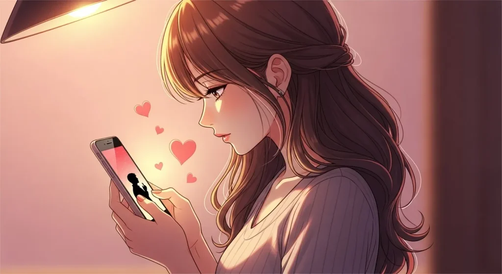 スマートフォンを見ながらハートマークに気持ちを込める女性のアニメイラスト