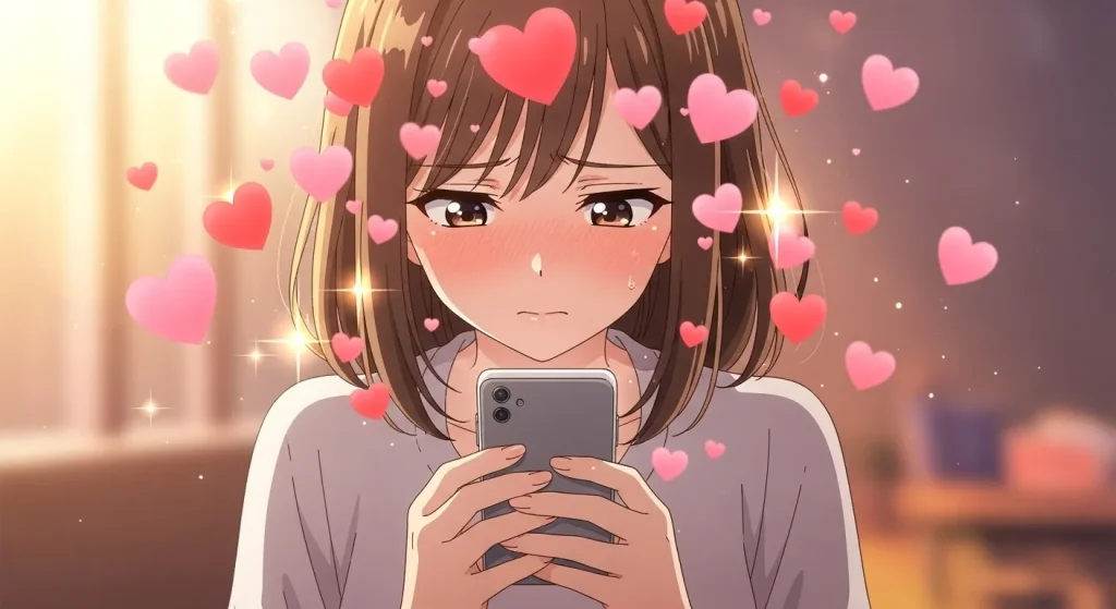 女性が照れながらスマホにハートを送っている様子（本命に対する好意のイメージ）