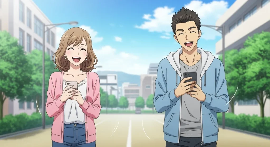 女性が男友達と楽しそうにLINEをしている様子（ハートを使う友達関係のイメージ）