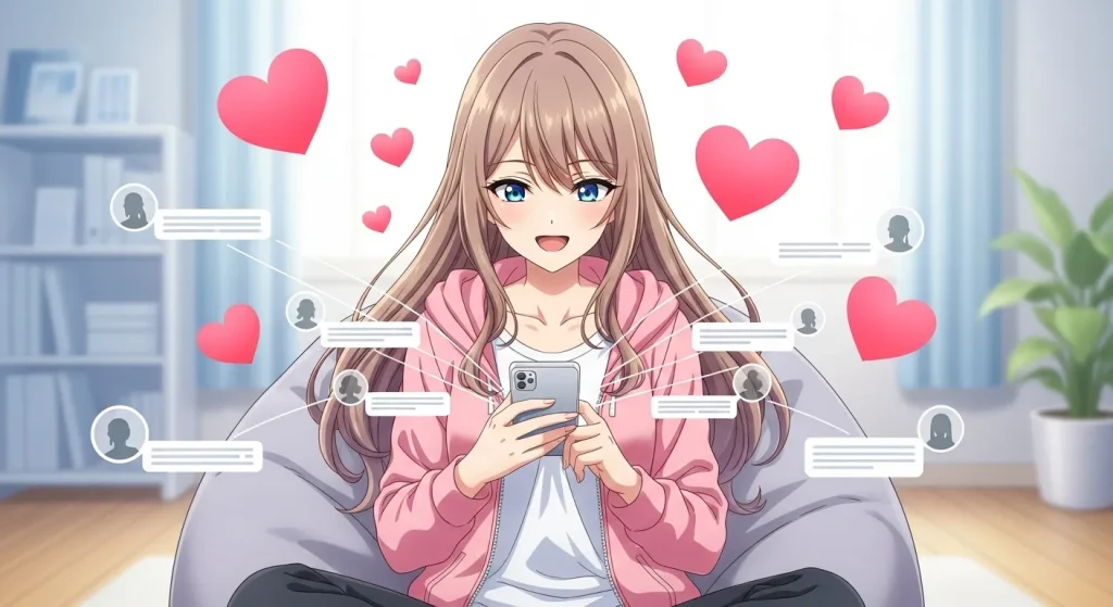 女性が複数の相手にハートを送っている様子（誰にでもハートを使うイメージ）