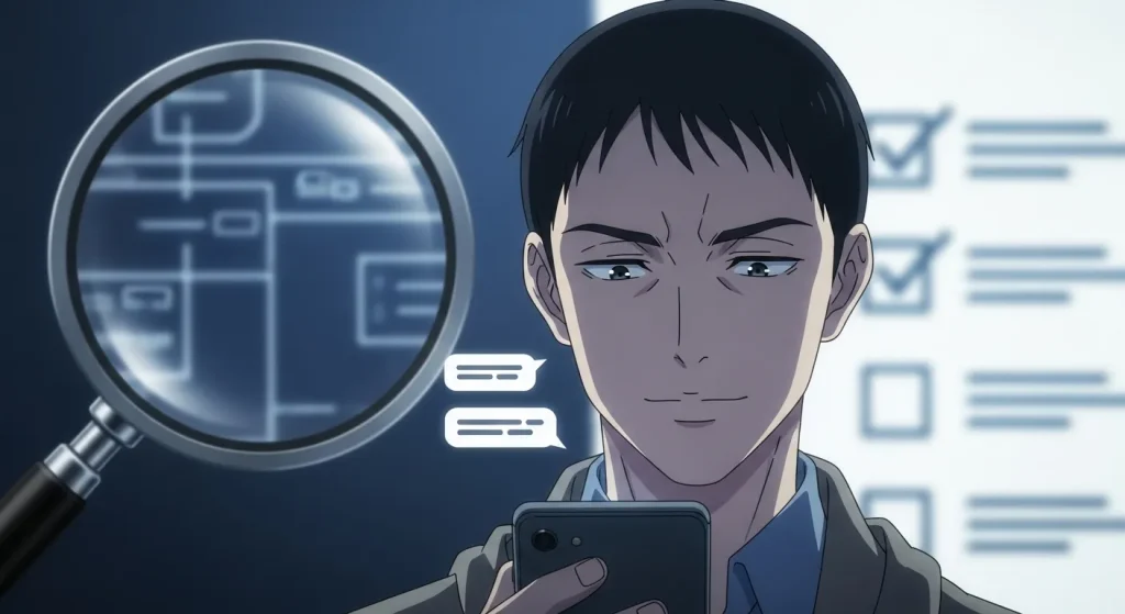 スマホのやり取りを分析している男性のイメージ（女性のハートが本命か見分ける様子）