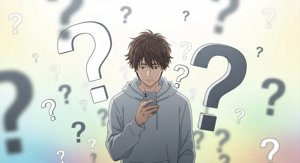 スマホを見ながら疑問を抱えている男性の様子（女性のハートに悩むイメージ）