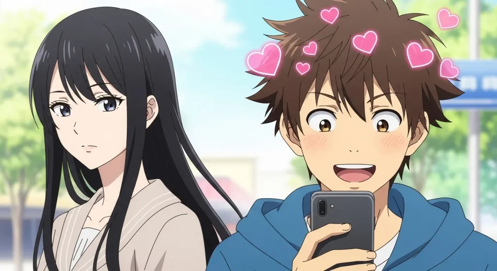 女性は冷静だが男性はハートマークに喜んでいる様子のアニメイラスト