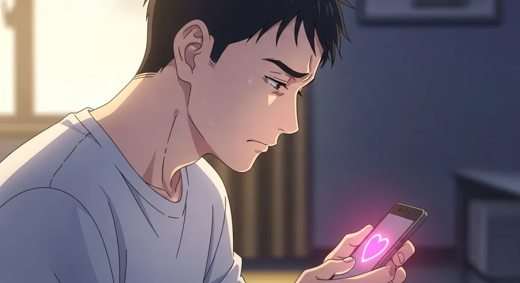 スマートフォンのハートマークを見て脈ありか脈なしか悩む男性のアニメイラスト