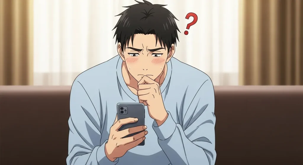 好きな人なのに既読無視する男性がスマホを見ながら返信を悩んでいる心理イメージ