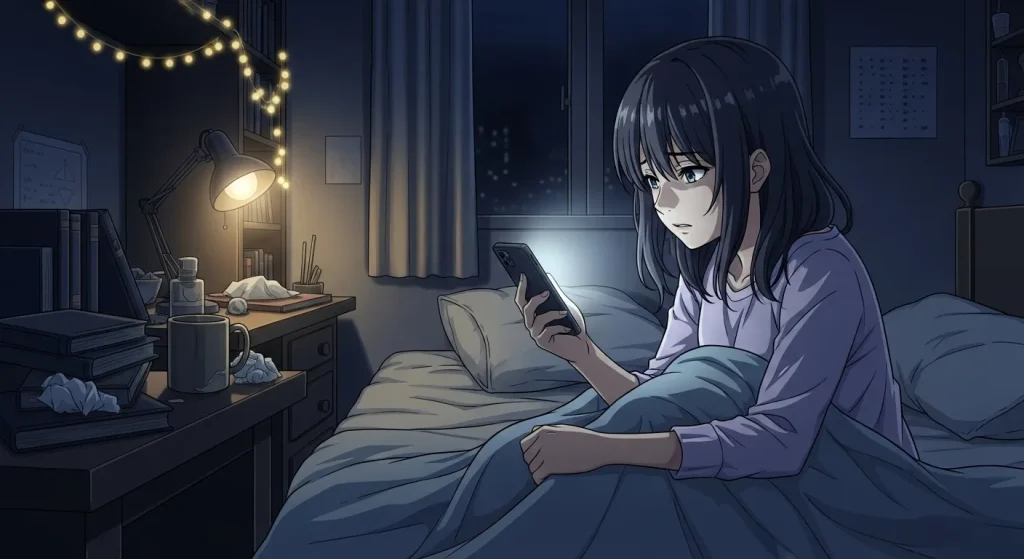 好きな人から既読無視されて夜に何度もスマホを確認して不安になる女性のイメージ