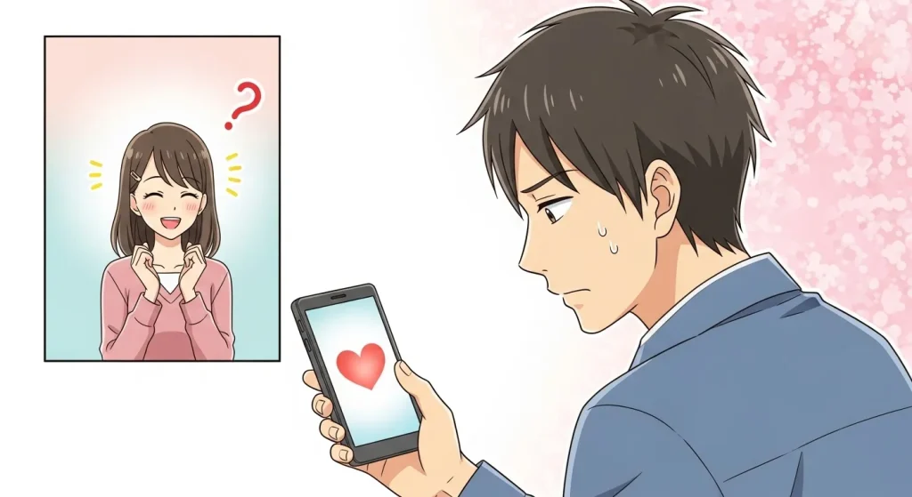 ハートマークのLINEを見て悩む男性と友達のように笑う女性の脈なしイメージ