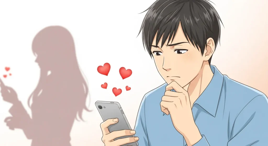 スマホを見ながらハートマークに悩む男性と女性の心理イメージ
