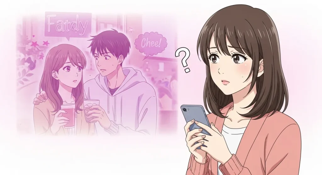 急に既読無視されて脈ありか脈なしか悩む女性のアニメイラスト。過去の楽しかったやり取りを思い出して不安になる様子