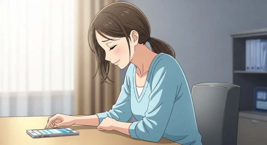 急に既読無視されたあと落ち着いてスマートフォンを確認する女性のアニメイラスト。対処法を考える様子