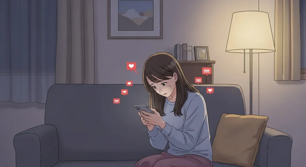 既読無視が1週間続き夜の部屋でスマホを見ながら悩む女性のイラスト